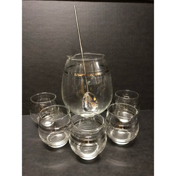 Vtg Set of Cocktail Mixer & Matching Glasses MCM Bar Ware Set Metal Spoon - Picture 1 of 6